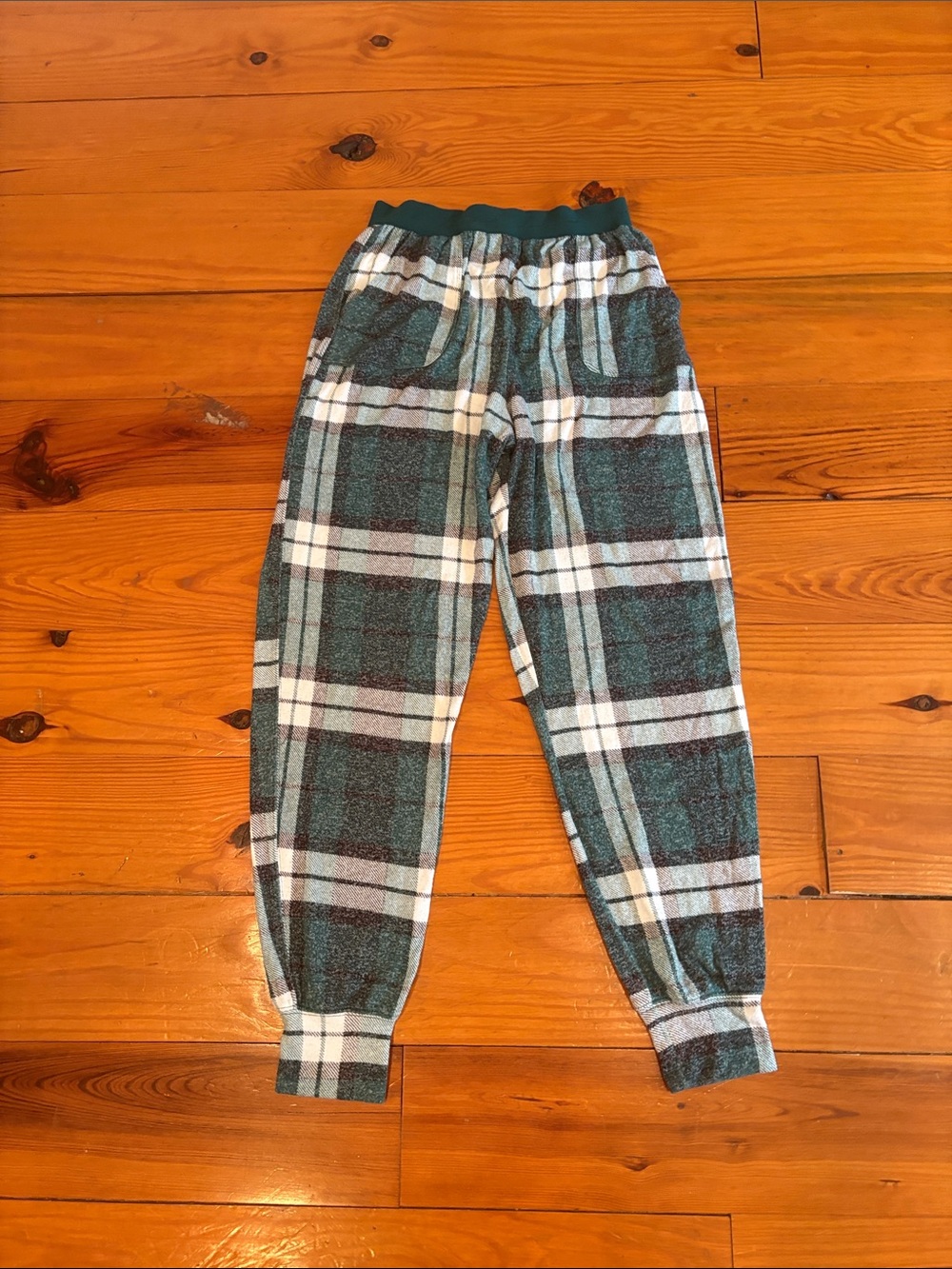 Cozy Plaid Jogger Pants in Teal and White Pink.